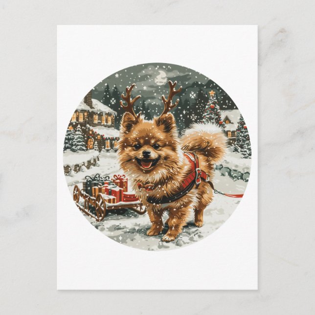 Weihnachts-Spitz Rentier Dog Postkarte (Vorderseite)