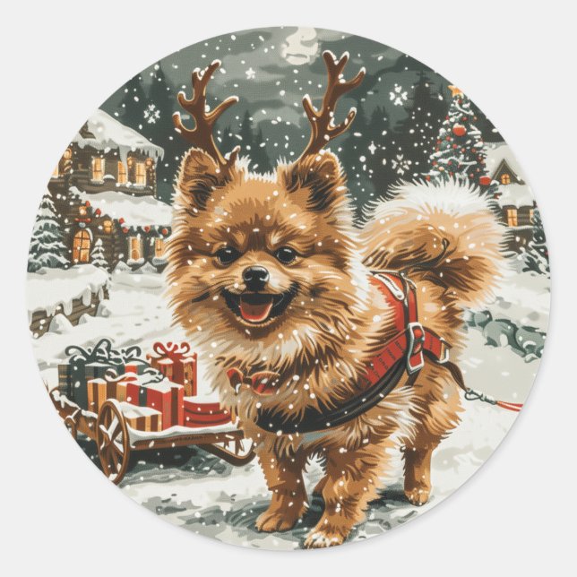 Weihnachts-Spitz Rentier Dog Runder Aufkleber (Vorderseite)