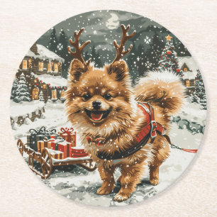 Weihnachts-Spitz Rentier Dog Runder Pappuntersetzer