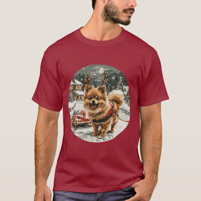 Weihnachts-Spitz Rentier Dog T-Shirt (Vorderseite)
