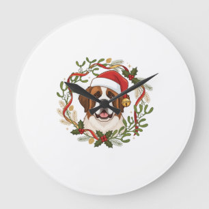 Weihnachts-St.-Bernhard-Hund-Santa-Hut-Kranz Große Wanduhr