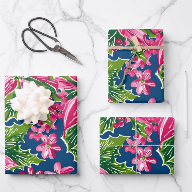 Weihnachts-Stechpalme und Blumenmuster  Geschenkpapier Set (Vorderseite)