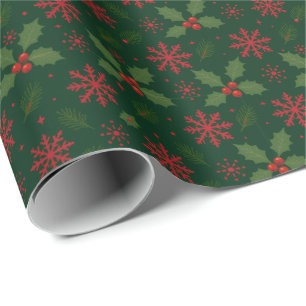Weihnachts-Stechpalme und rotes Schneeflockenmuste Geschenkpapier