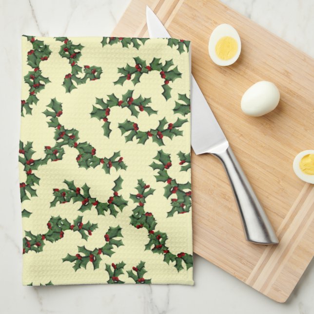 Weihnachts-Stechpalmen-Hintergrund-Handtuch Geschirrtuch (Viertel Falte)