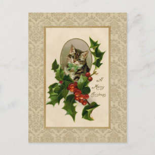 Weihnachts-Stechpalmen-Katze Vintage-Reproduktions Feiertagspostkarte