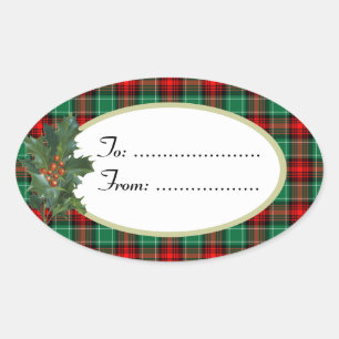 Weihnachts-Sticker mit rotem und grünem Karomuster Ovaler Aufkleber