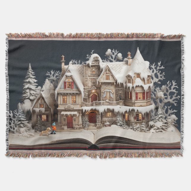 Weihnachts Storybook Manor mit Kind & Hund Decke (Vorderseite)