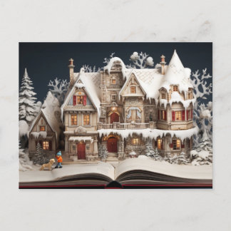 Weihnachts Storybook Manor mit Kind & Hund Feiertagspostkarte