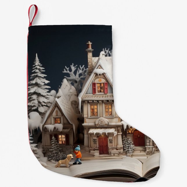 Weihnachts Storybook Manor mit Kind & Hund Kleiner Weihnachtsstrumpf (Vorderseite)