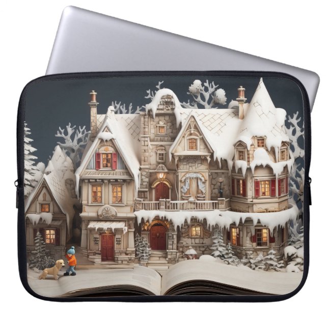Weihnachts Storybook Manor mit Kind & Hund Laptopschutzhülle (Vorderseite)