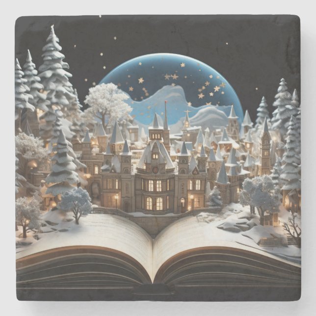 Weihnachts-Storybook Snow-Globe Village Steinuntersetzer (Vorderseite)
