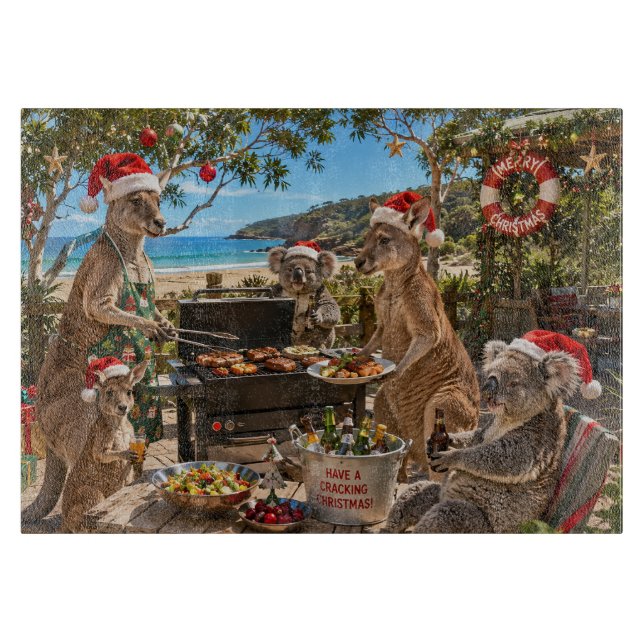 Weihnachts-Strand-Grillfest mit Kängurus und Koala Schneidebrett (Vorderseite)