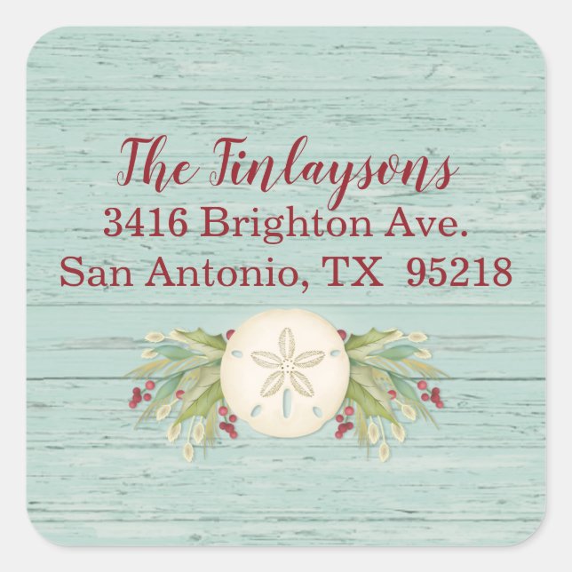 Weihnachts-Strandadresse-Label an der Küste Quadratischer Aufkleber (Vorderseite)
