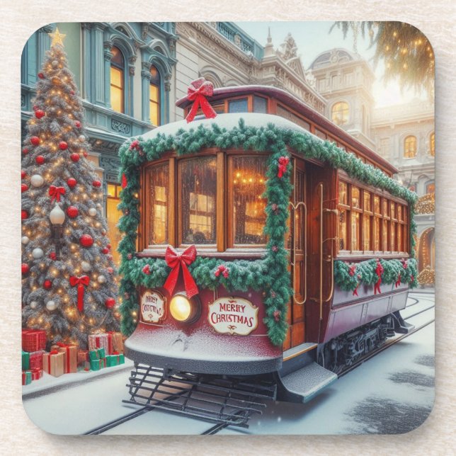 Weihnachts-Streetcar im Schnee Getränkeuntersetzer (Vorderseite)