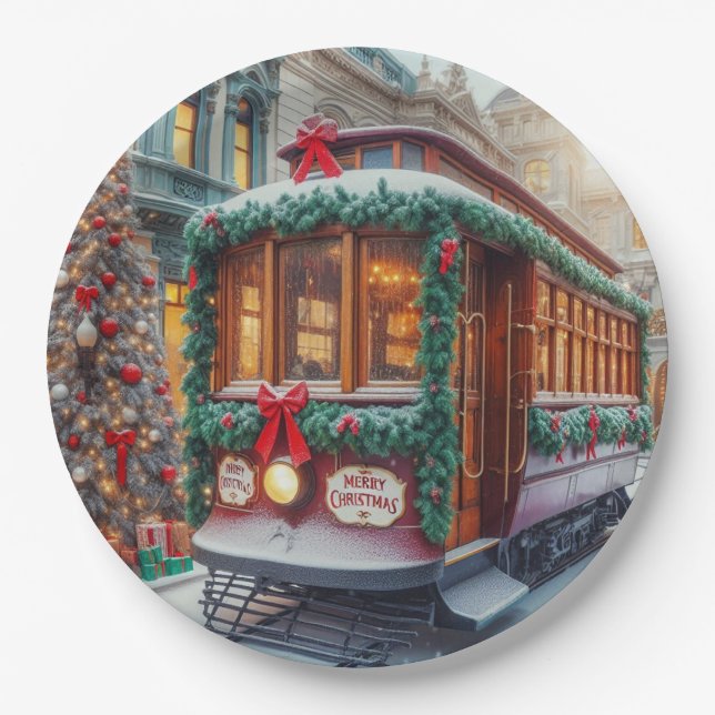 Weihnachts-Streetcar im Schnee Pappteller (Vorderseite)