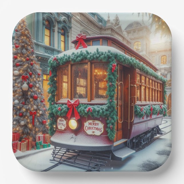 Weihnachts-Streetcar im Schnee Pappteller (Vorderseite)