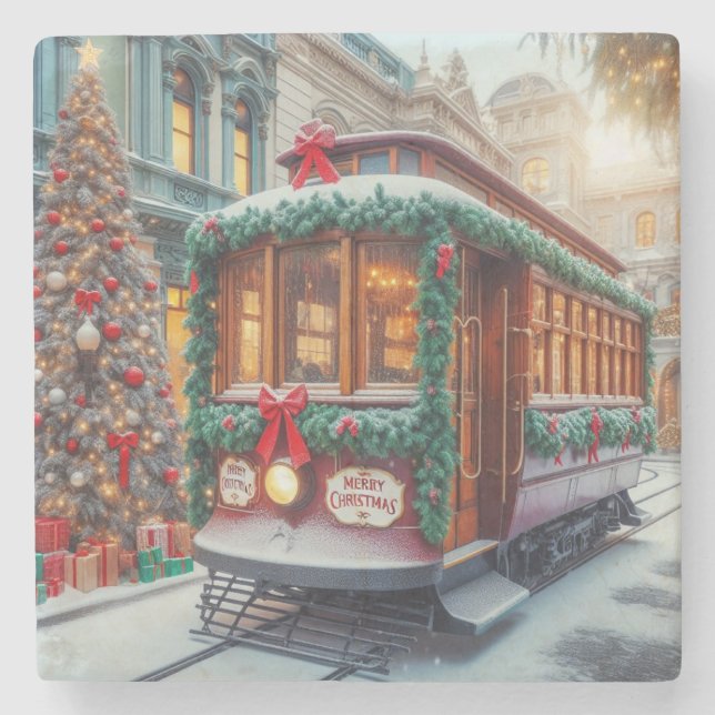 Weihnachts-Streetcar im Schnee Steinuntersetzer (Vorderseite)