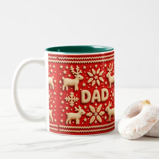 Weihnachts-Strick-Muster mit Rentier und "Vater" Zweifarbige Tasse (Mit Donut)