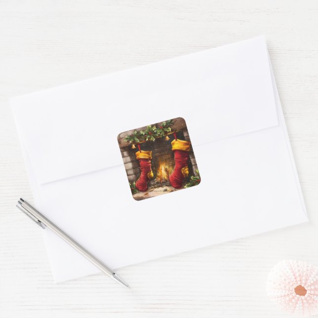 Weihnachts-Strumpf durch das Feuer hassen Quadratischer Aufkleber (Umschlag)