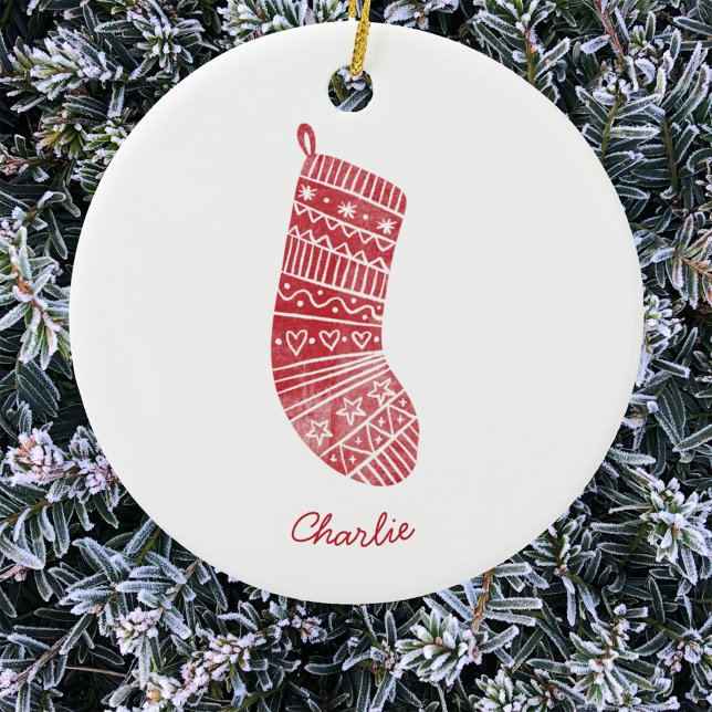 Weihnachts-Strumpf Personalisierter Name Rot Weiß Keramik Ornament (Personalized script name Scandinavian Christmas stocking red and white ornament)