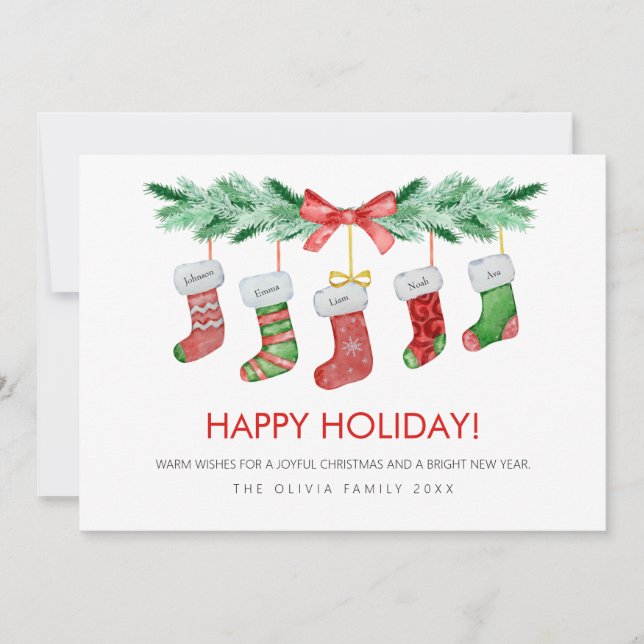 Weihnachts-Strümpfe 5 Familiennamen Glücklich Feiertagskarte (Vorderseite)