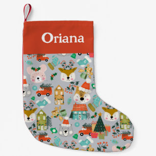 Weihnachts-Strümpfe Woodland Santa Animals Grau Kleiner Weihnachtsstrumpf