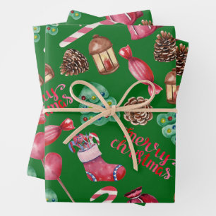 Weihnachts Süßigkeiten und Dekorationen Grün  Geschenkpapier Set