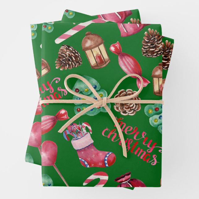 Weihnachts Süßigkeiten und Dekorationen Grün  Geschenkpapier Set (Beispiel)