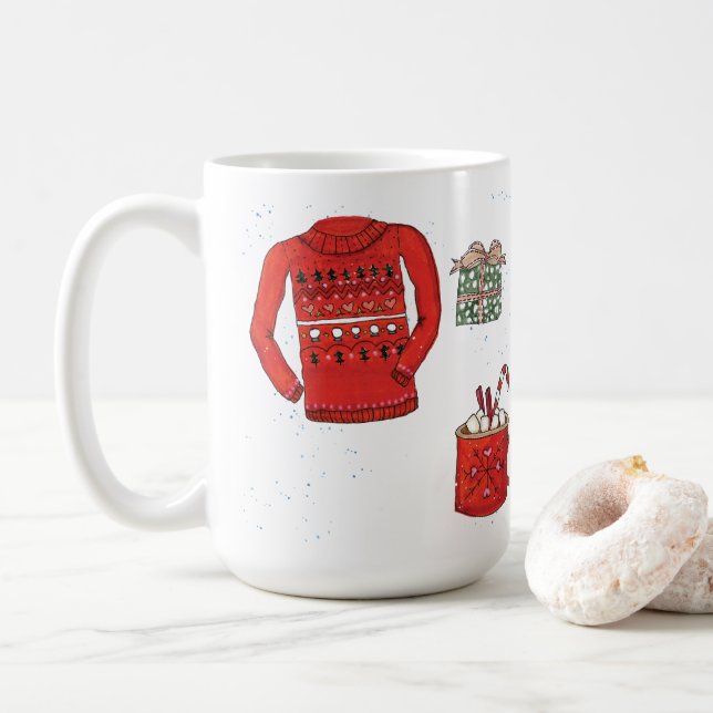 Weihnachts-Sweater, Geschenk und heißes Kakao Kaffeetasse (Mit Donut)