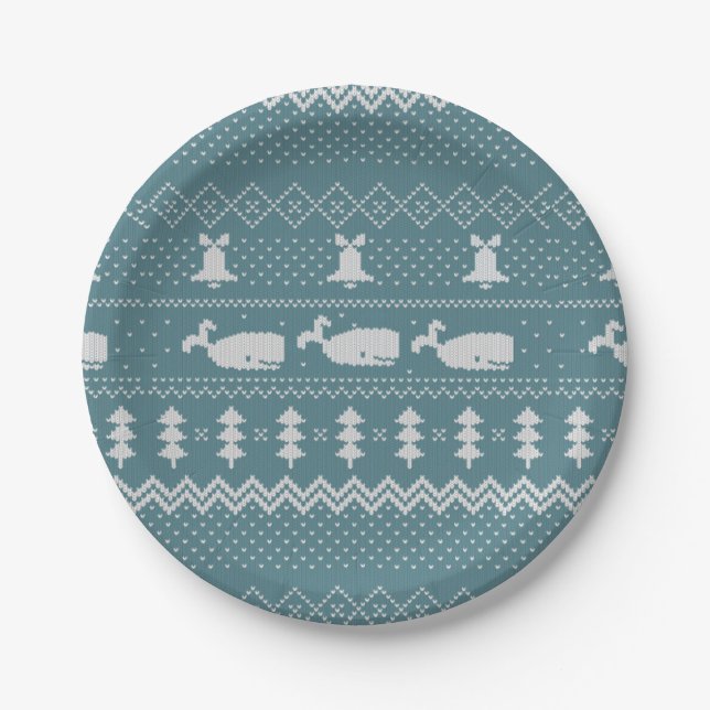 Weihnachts-Sweater gezwitschert Muster Whale Scand Pappteller (Vorderseite)