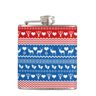 Weihnachts-Sweater-Rentierfisch, Schneeflocken und Flachmann