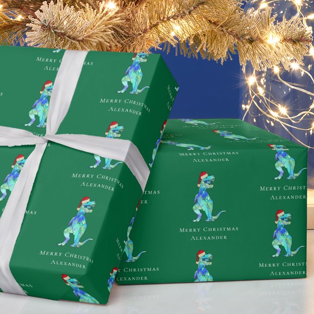 Weihnachts T-Rex Dino Personalisierter Junge Name  Geschenkpapier (Dinosaur Christmas Personalized boy name green holiday wrapping paper Funny colorful T-Rex Santa)