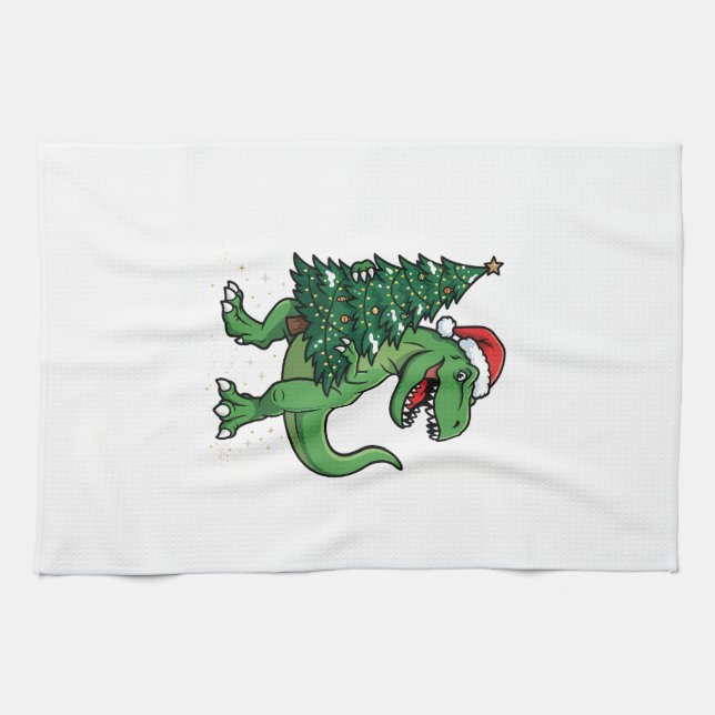 Weihnachts-T-Rex trägt Weihnachtsbaum Geschirrtuch (Horizontal)