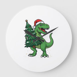 Weihnachts-T-Rex trägt Weihnachtsbaum Große Wanduhr