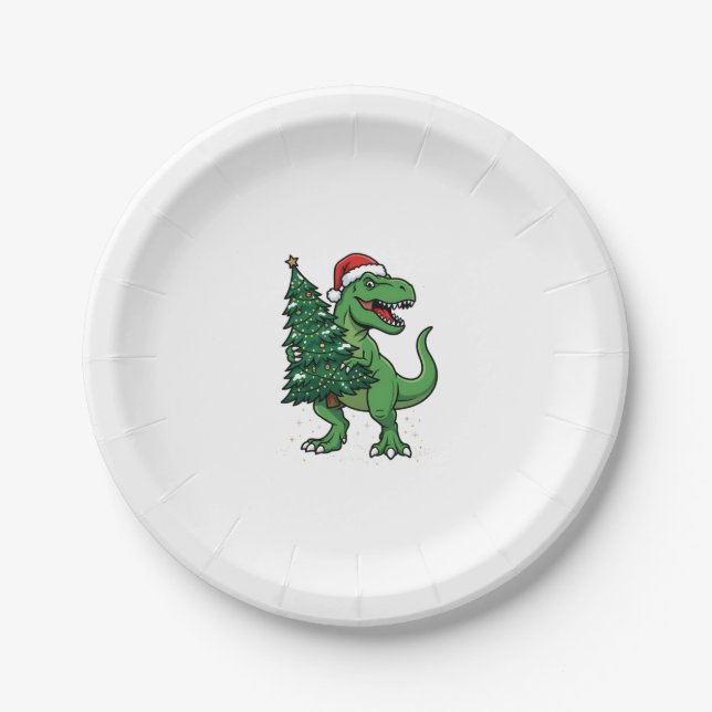 Weihnachts-T-Rex trägt Weihnachtsbaum Pappteller (Vorderseite)