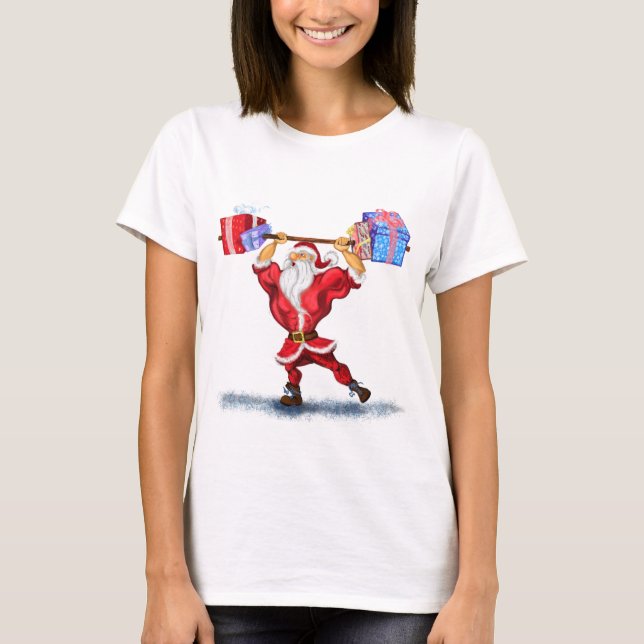 Weihnachts-T - Shirt Bodybuilder Santa mit Geschen (Vorderseite)