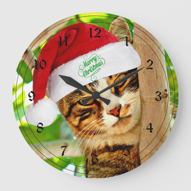 Weihnachts Tabby Katze in einem Baum Große Wanduhr (Vorderseite)