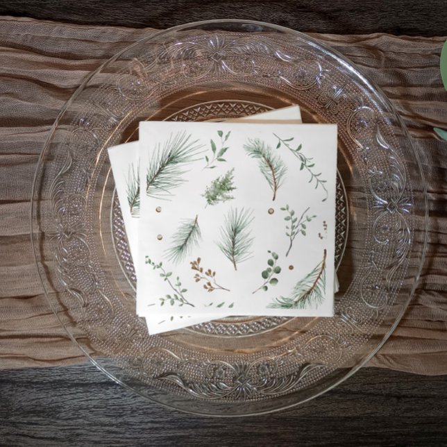 Weihnachts-Tannenbäume-Wald-Hütte Serviette (Elegant modern simple Christmas party napkins or business holiday party napkins with evergreen sprig)