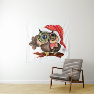 Weihnachts-Tapete Baby Eule mit Geschenk Wandteppich
