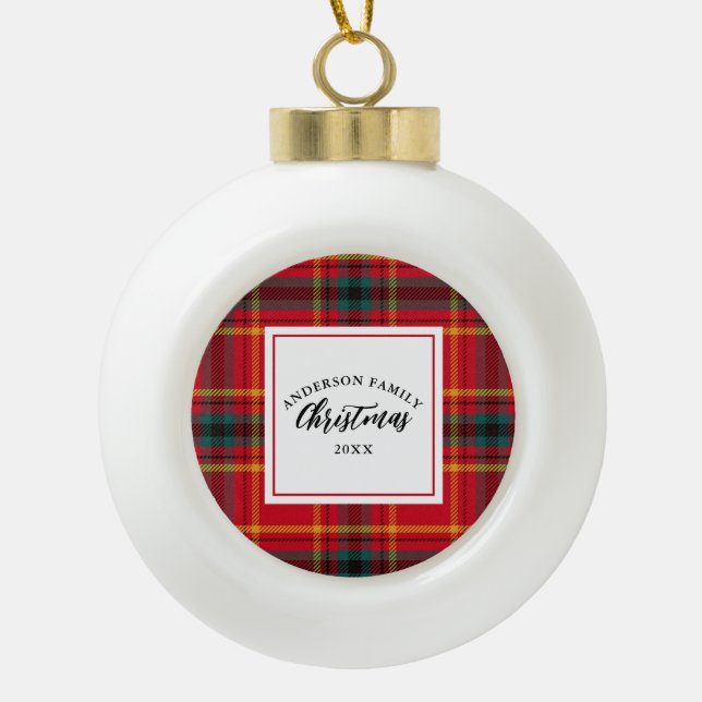 Weihnachts-Tartan Kariert Familienname Jahr Keramik Kugel-Ornament (Vorderseite)