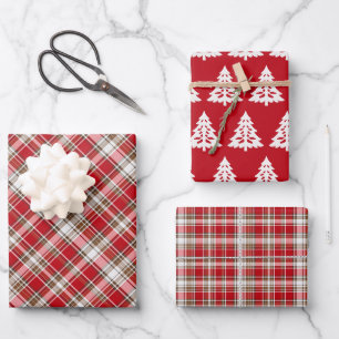 Weihnachts-Tartan-Kariert mit Baum Geschenkpapier Set