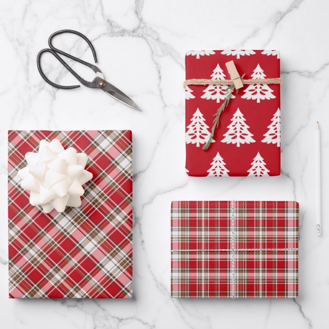 Weihnachts-Tartan-Kariert mit Baum Geschenkpapier Set (Vorderseite)