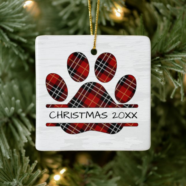 Weihnachts Tartan Kariert Paw Print Keramikornament (Baum)