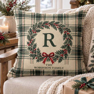 Weihnachts-Tartan-Karo-Monogramm-Familienname Kissen