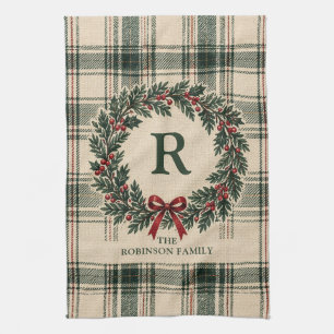 Weihnachts-Tartan-Karo-Monogramm-Nachname-Kranz Geschirrtuch