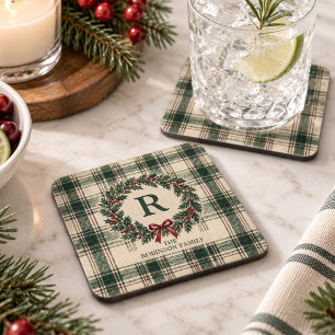 Weihnachts-Tartan-Karo-Monogramm-Nachname-Kranz Getränkeuntersetzer