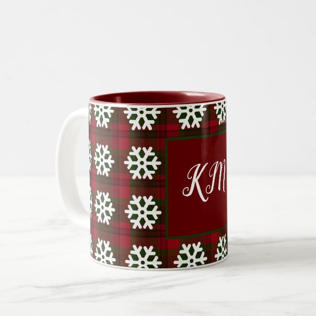 Weihnachts Tartan Monogram Snowflake Rot Grün Zweifarbige Tasse (Vorderseite Links)