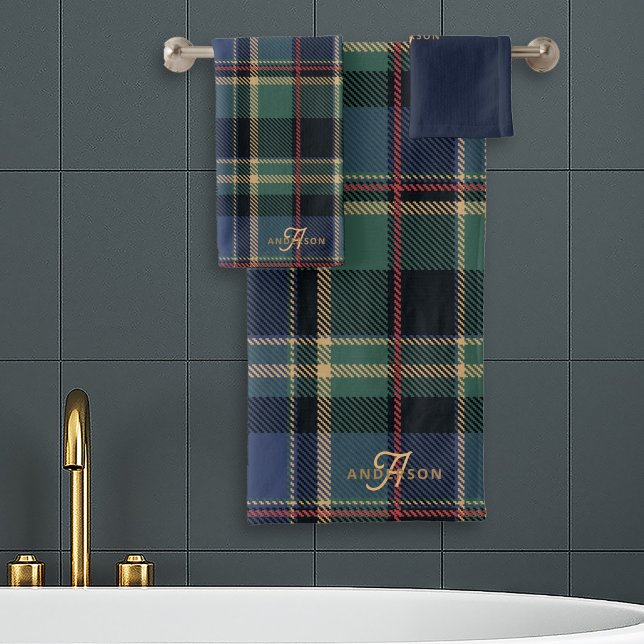 Weihnachts-Tartan Navy Blau Grün ID1141B Badhandtuch Set (Von Creator hochgeladen)