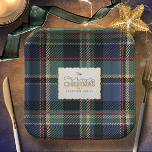 Weihnachts-Tartan Navy Blau Grün ID1141B Pappteller