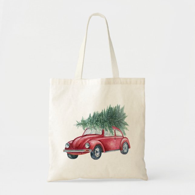 Weihnachts-Tasche mit Vintagem Rotem Auto und Baum Tragetasche (Vorne)